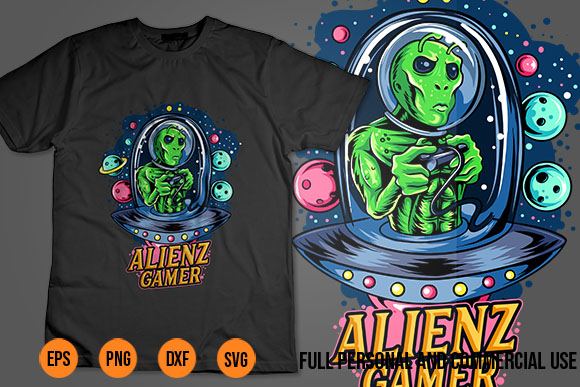 Funny cartoon alien gamer vector design png eps dile shirt design