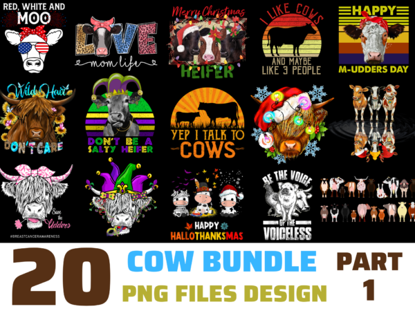 20 cow png t-shirt designs bundle for commercial use part 1, cow t-shirt, cow png file, cow digital file, cow gift, cow download, cow design