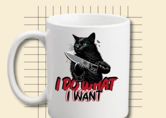 I Do What I Want Knife in black cat’s hand scary halloween theme T-Shirt design vector, vintage black cat red cup funny, cat t-shirt, cats lovers, special daughter,