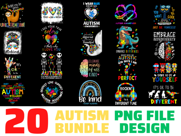 20 autism t-shirt design bundle png file, perfect autism design, dinosaur autism, sloth autism, autism png file, autism shirt design png, autism design
