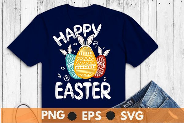 Happy easter three eggs wearing bunny ear kitty kitten lover t-shirt design vector, happy easter, adorable 3 eggs easter costume featuring cute eggs wearing bunny ear, easter eggs basket great