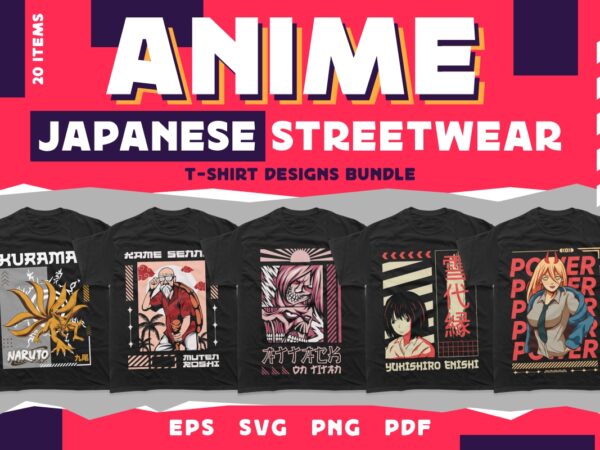 Anime japanese streetwear t-shirt designs bundle | naruto, dragon ball, kurama | japan tshirt design