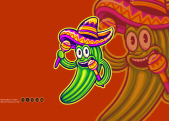Cute cactus mexican sombrero hat maracas logo cartoon illustrations