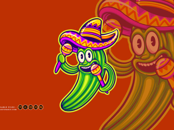 Cute cactus mexican sombrero hat maracas logo cartoon illustrations t shirt vector file