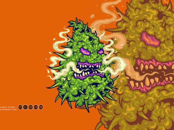 Spooky monster weed sativa leaf smoking cannabis logo cartoon illustrations t shirt template vector