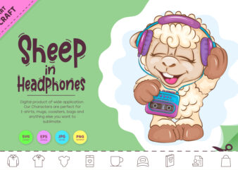 Cartoon Sheep in Headphones. Clipart.