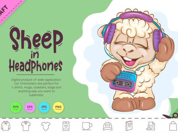 Cartoon sheep in headphones. clipart. t shirt vector file
