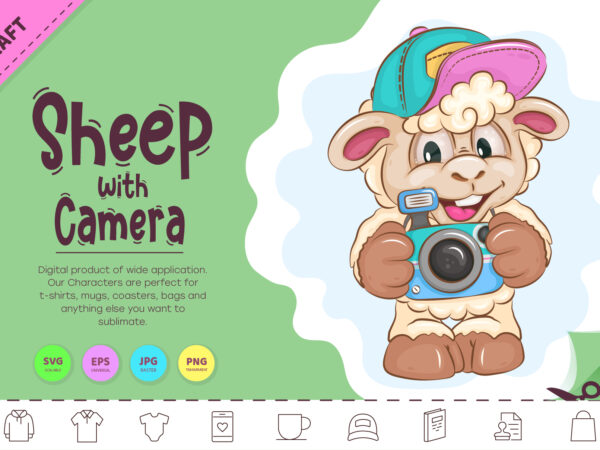 Cartoon sheep with camera. clipart. t shirt vector file