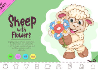 Cartoon Sheep with Flowers. Clipart.