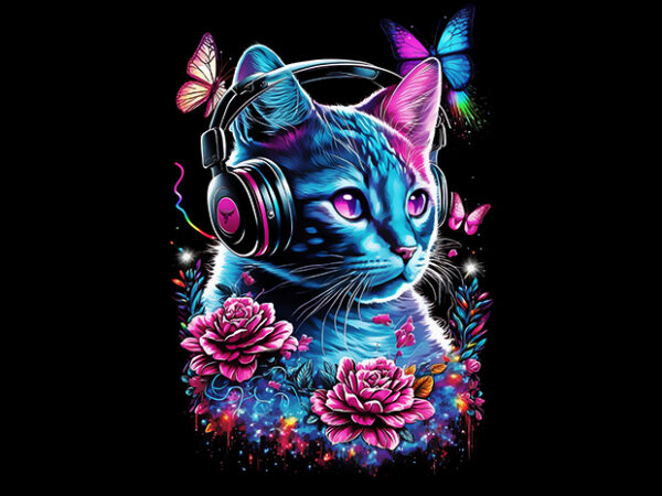 Cat adorable with headphone t shirt vector file
