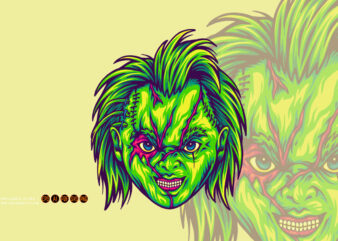 Creepy horror zombie head dolls logo cartoon illustrations