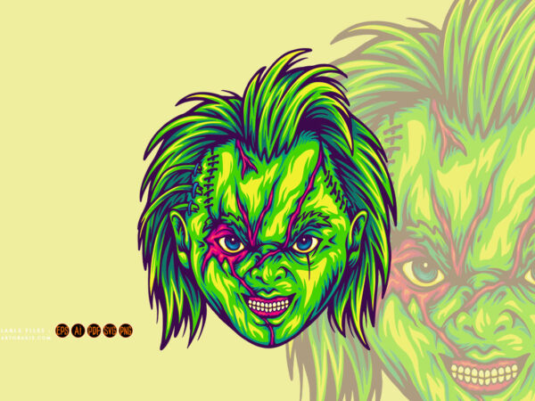 Creepy horror zombie head dolls logo cartoon illustrations t shirt vector file