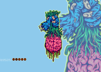 Creepy monster holding brain logo cartoon illustrations