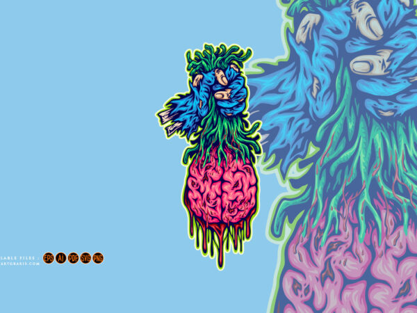 Creepy monster holding brain logo cartoon illustrations t shirt vector file