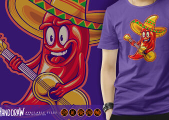 Cute chilli pepper guitar sombrero hat mexican cinco de mayo logo cartoon illustrations