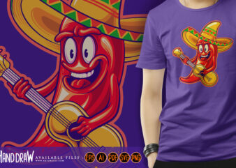 Cute chilli pepper guitar sombrero hat mexican cinco de mayo logo cartoon illustrations t shirt vector file