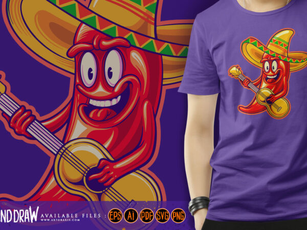 Cute chilli pepper guitar sombrero hat mexican cinco de mayo logo cartoon illustrations t shirt vector file