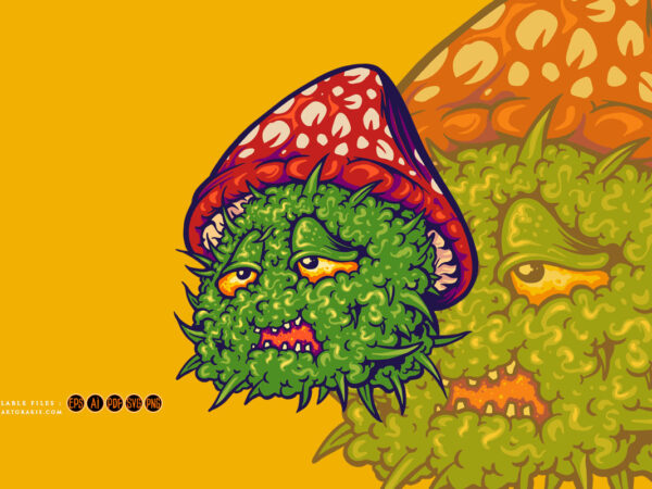 Cute mushrooms monster face marijuana bud plant logo illustrations t shirt vector file