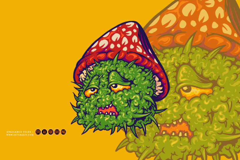 Cute mushrooms monster face marijuana bud plant logo illustrations