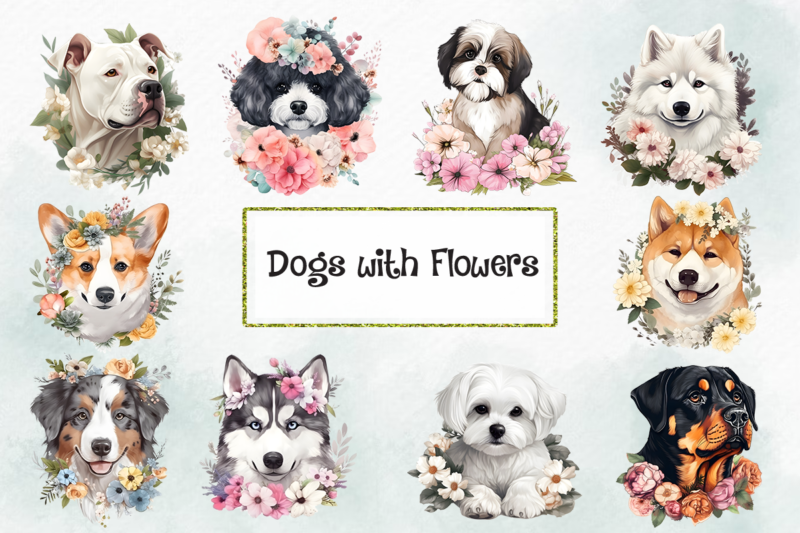Dog With Flowers Bundle PNG Sublimation