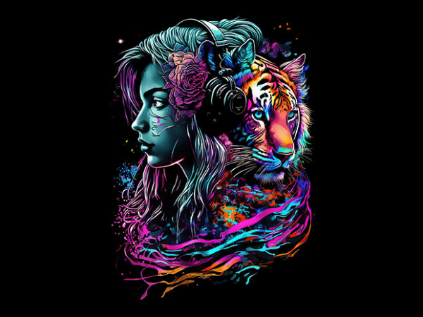 Woman face with adorable tiger with headphone t shirt design for sale