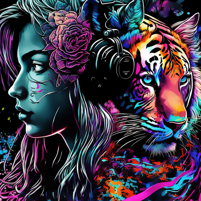 Woman face with adorable tiger with headphone