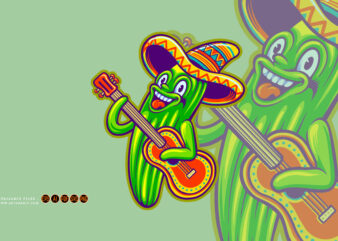 Funny mexican cactus sombrero hat guitar cinco de mayo logo cartoon illustrations