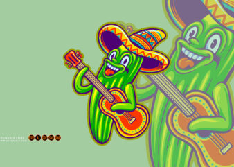 Funny mexican cactus sombrero hat guitar cinco de mayo logo cartoon illustrations t shirt graphic design