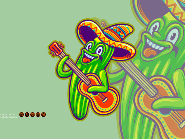 Funny mexican cactus sombrero hat guitar cinco de mayo logo cartoon illustrations t shirt graphic design