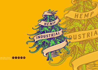 Hemp industrial leaf marijuana plant scroll ribbon ornament logo cartoon illustrations