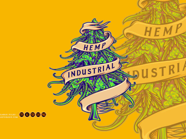 Hemp industrial leaf marijuana plant scroll ribbon ornament logo cartoon illustrations graphic t shirt