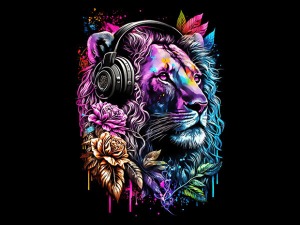 Lion adorable with headphone t shirt vector graphic