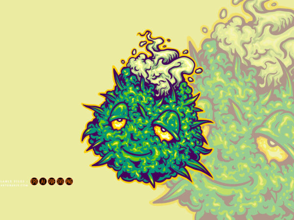 Marijuana hemp leaf monster with weed smoke logo cartoon illustrations t shirt designs for sale
