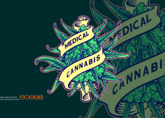 Marijuana medical bud plant cannabis leaf swirl ribbon banner ornament logo illustrations