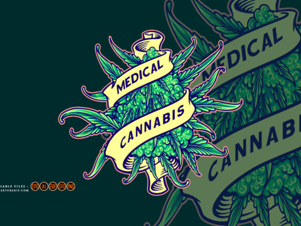 Marijuana medical bud plant cannabis leaf swirl ribbon banner ornament logo illustrations t shirt designs for sale