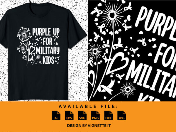 Purple up for military kids dandelion flower vector cancer awareness month of the military child typography t-shirt design veterans shirt