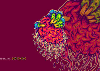 Monster hand holding zombie brain mascot cartoon illustrations t shirt designs for sale
