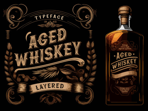 Aged whiskey font + 33 bonus illustration t shirt vector