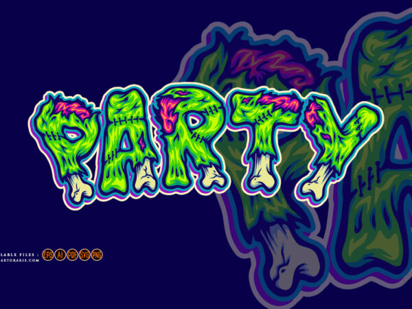 Party zombie bone font hand lettering word cartoon illustrations t shirt illustration