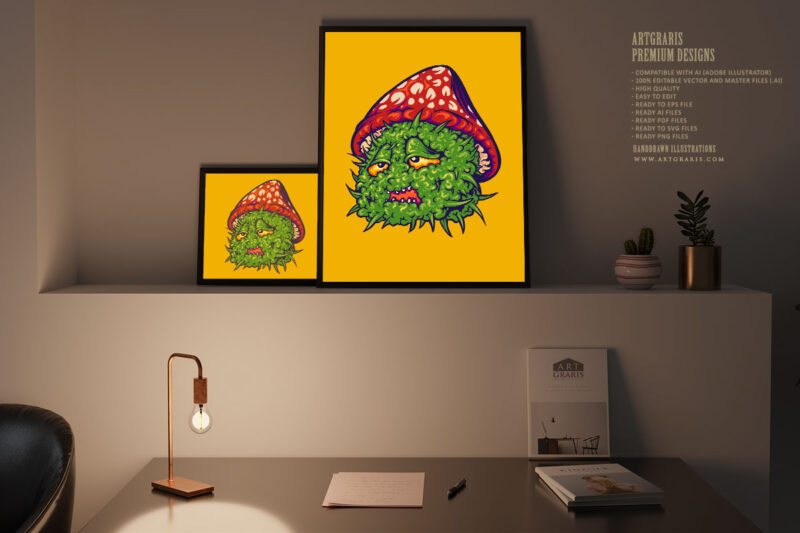 Cute mushrooms monster face marijuana bud plant logo illustrations