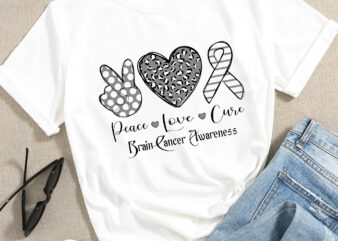 RD Brain Cancer Awareness Peace Love Cure Grey Ribbon T-Shirt