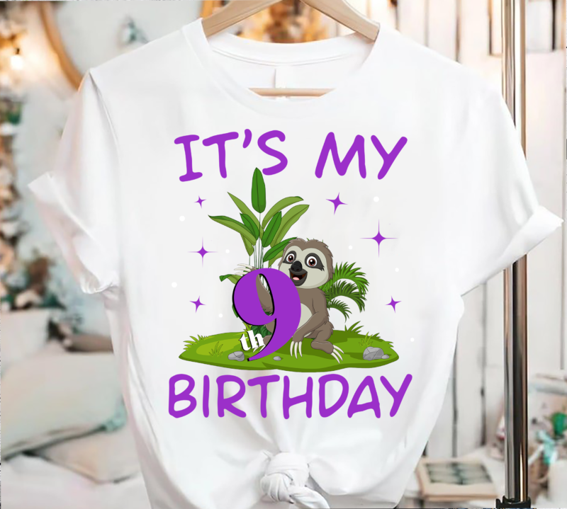 RD Its My 9th Birthday Purple Sloth Girl Nine Bday Theme Party T-Shirt