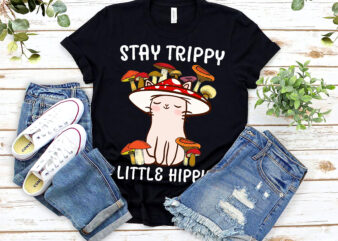 Retro Stay Trippy Little Hippie , Cute Cottagecore Aesthetic Cat Mushroom Women Kids T-Shirt PL