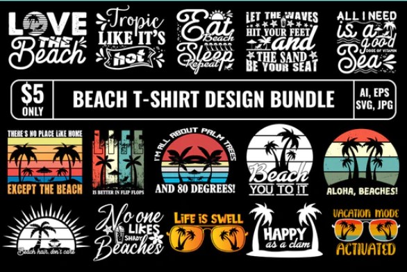 Beach t-shirt bundle design bundle, summer designs for dark material, summer, tropic, funny summer design svg eps, png files for cutting machines and print t shirt designs for sale t-shirt