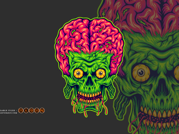 Spooky monster zombie skull head brain logo cartoon illustrations t shirt template vector