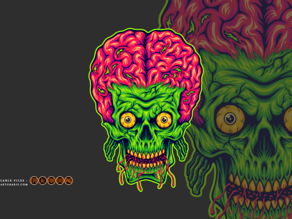 Spooky monster zombie skull head brain logo cartoon illustrations t shirt template vector Spooky monster zombie skull head brain logo cartoon illustrations t shirt template vector