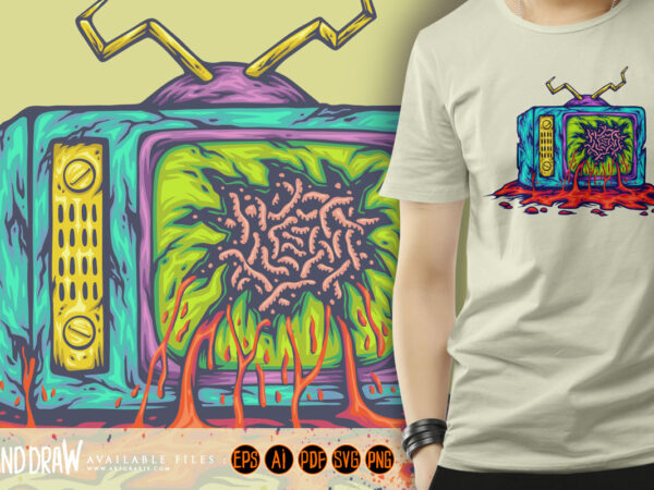 Spooky television zombie monster blood melting logo illustrations t shirt template vector