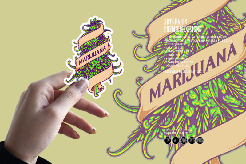 Cannabis bud plant marijuana leaf swirls ribbon ornament logo illustrations