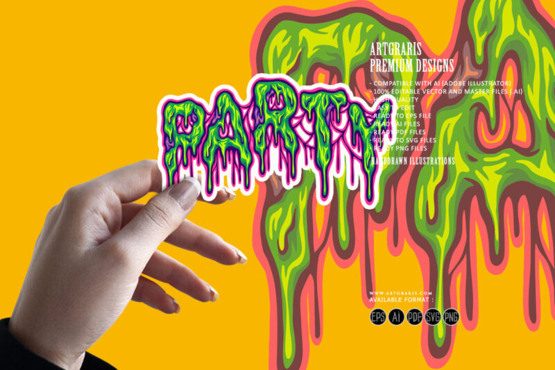 Party melted font hand lettering text illustrations