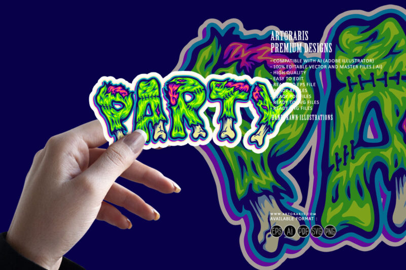 Party zombie bone font hand lettering word cartoon illustrations